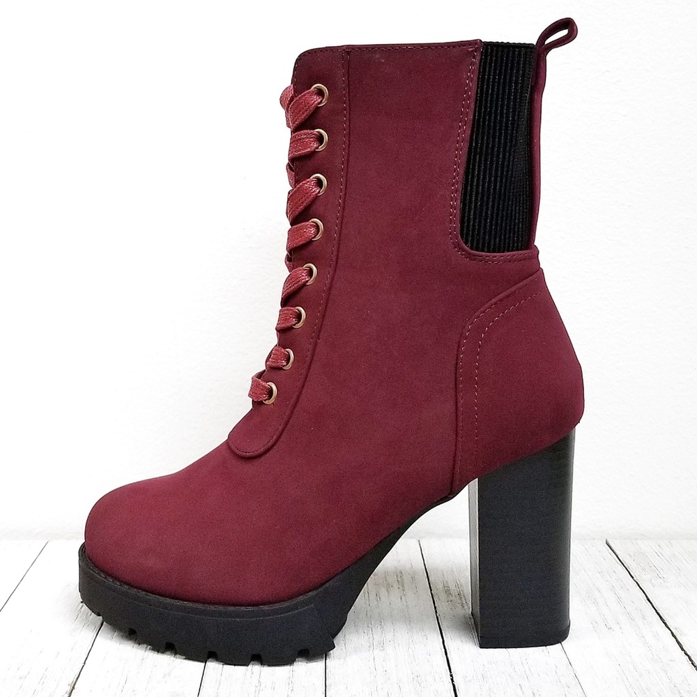 New Wine Lace Up Combat Heel Ankle Boots Booties